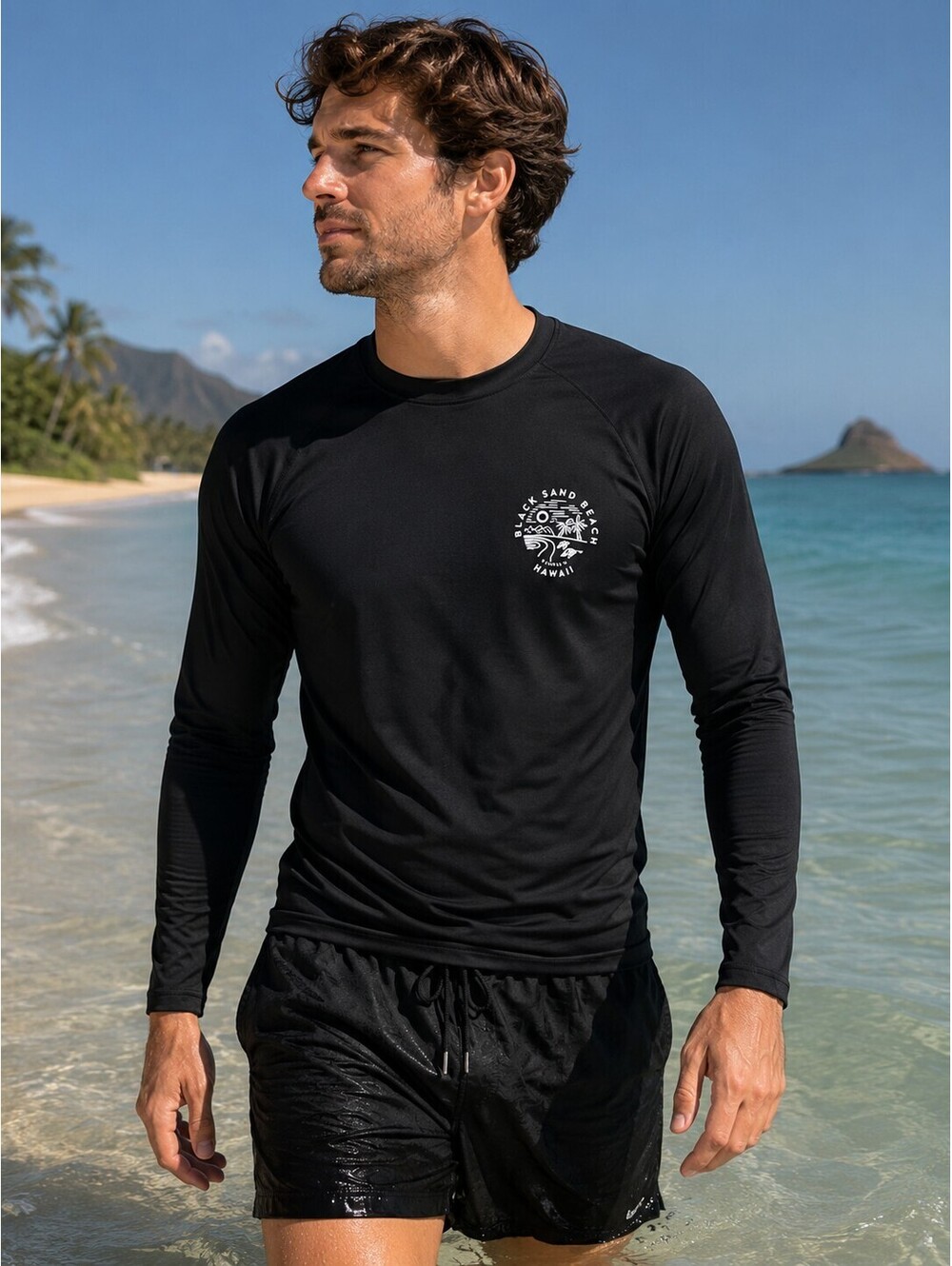 Black Sand Beach Hawaii Punalu'u Long Sleeve Rash Guard Shirt Size Small